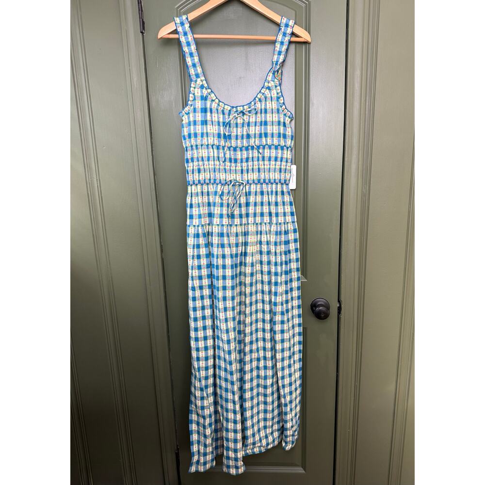 NWT Saylor Vandelia Floral Gingham Midi Cottage Peasant Dress Blue White Small